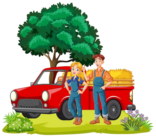 Vetor grátis casal de fazendeiros com vetor de caminhão vermelho