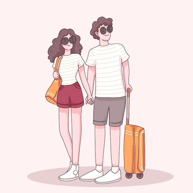 Casal de jovens viajantes usa óculos escuros em pé com a mala e de mãos dadas para viajar no personagem de desenho animado, ilustração plana