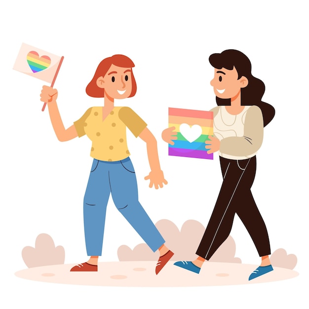 Casal de lésbicas fofo com bandeira lgbt ilustrada