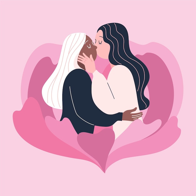 Casal de lésbicas se beijando em estilo design plano