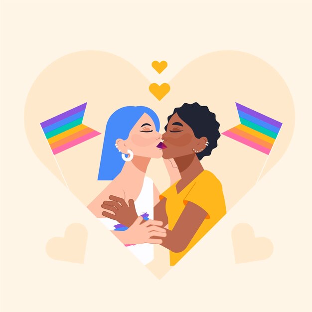 Casal de lésbicas se beijando em estilo design plano