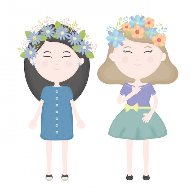 Casal de miúdas giras com coroa floral nos personagens de cabelo