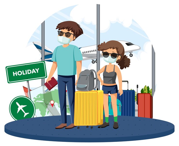 Vetor grátis casal de viajantes usando máscara no aeroporto