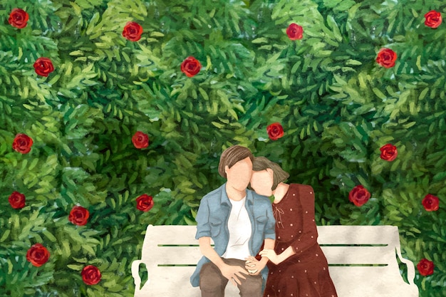 Vetor grátis casal em um encontro no jardim ilustração desenhada à mão do tema dos namorados