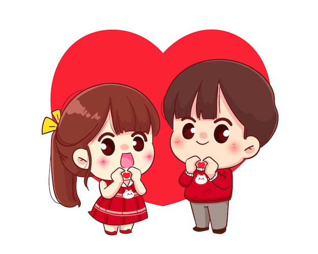 Vetor grátis casal fazendo um coração com as mãos, feliz dia dos namorados, ilustração de personagem de desenho animado