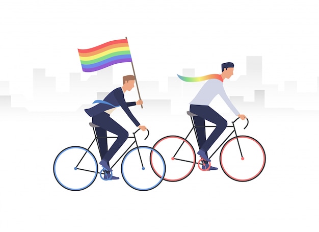 Casal gay masculino, andar de bicicleta