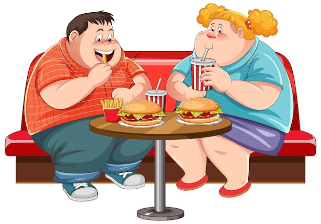 Vetor grátis casal gordo comendo fast-food no restaurante