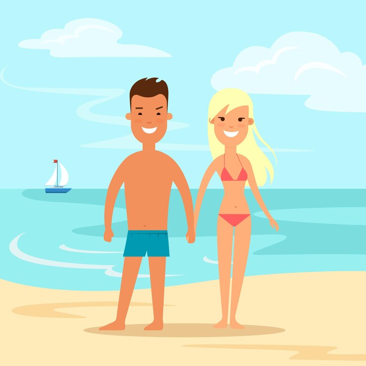 Vetor grátis casal plano em trajes de banho de mãos dadas no mar praia natureza fundo ilustração vetorial férias