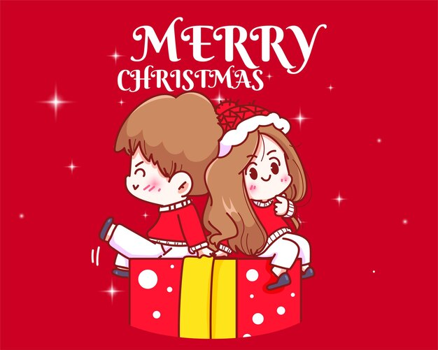 Casal sentado em presentes juntos no dia de Natal ilustração da arte desenhada à mão dos desenhos animados