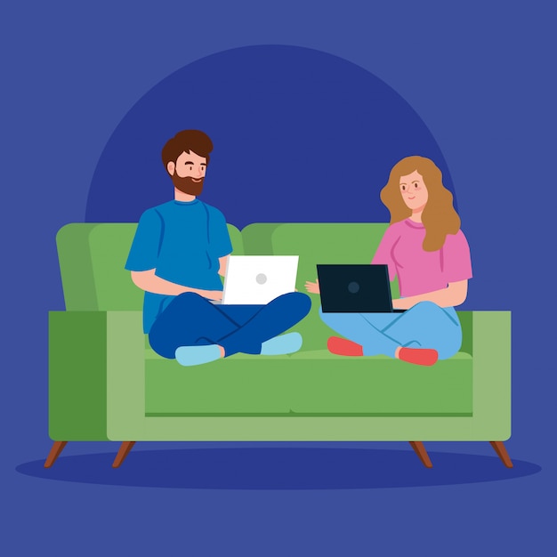Vetor grátis casal trabalhando em telecommuting com laptop no sofá