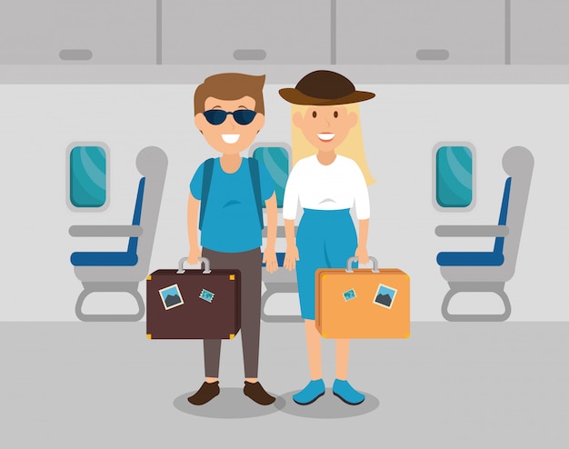 Casal viajantes no avião