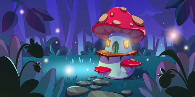 Vetor grátis casas de cogumelos gnomos na floresta noturna