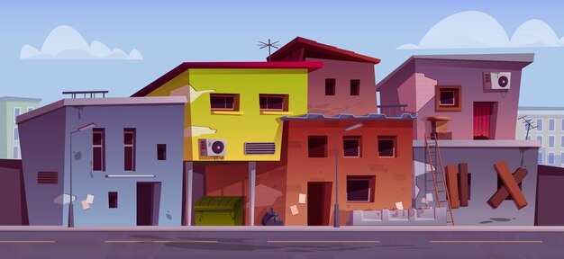 Casas pobres abandonadas no bairro do gueto Ilustração de desenho animado vetorial da paisagem urbana com edifícios de favelas baratas barracas com fachadas sujas danificadas janelas fechadas contêineres de lixo área criminal