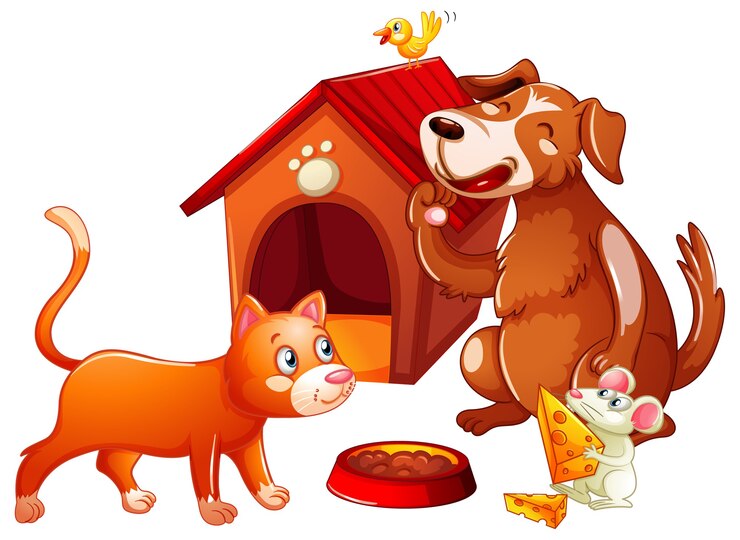 Vetor grátis casinha de cachorro com personagem de desenho animado de animal de estimação