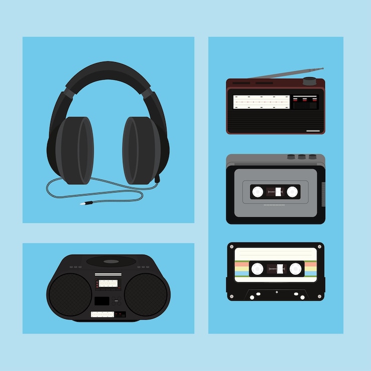 Vetor grátis cassetes de música e ícones de fones de ouvido