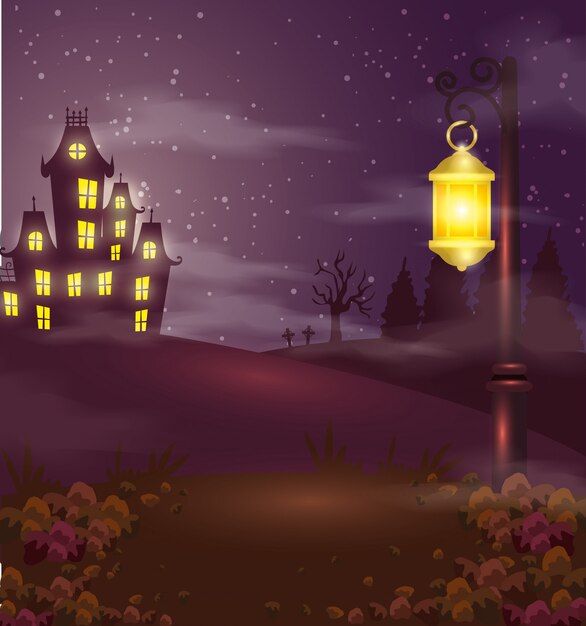 Castelo assombrado com lâmpada na cena de halloween