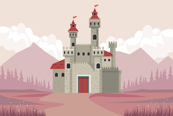 Vetor grátis castelo cinza em cena de paisagem rosa