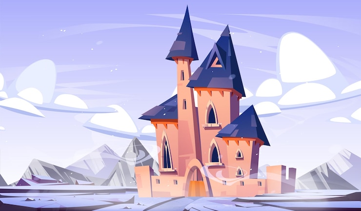 Vetor grátis castelo de fantasia de inverno no reino com fundo de desenho animado de neve palácio de conto de fadas mágico congelado para ilustração de princesa estrada para a fortaleza através de um belo ambiente de montanha nevada e terreno rochoso