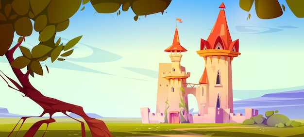 Castelo mágico na arquitetura de fantasia de campo verde