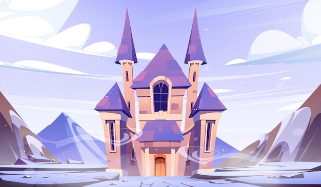 Vetor grátis castelo medieval em inverno paisagem de montanha vector ilustração de desenho animado de conto de fadas palácio real com torres fundo rochoso coberto com gelo e neve vento redemoinhos no ar magia reino frio