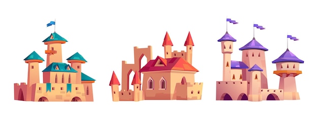 Vetor grátis castelo real medieval de conto de fadas com bandeiras em torres janelas e portões conjunto de ilustrações vetoriais de desenhos animados de antigos palácios ou fortalezas arquitetura com muralhas de pedra para reis rainhas e princesas