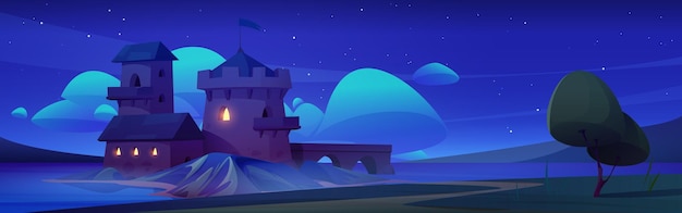 Vetor grátis castelo real medieval na ilha à noite