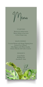 Catálogo de menu de casamento em aquarela de folhas tropicais verdes mentoladas