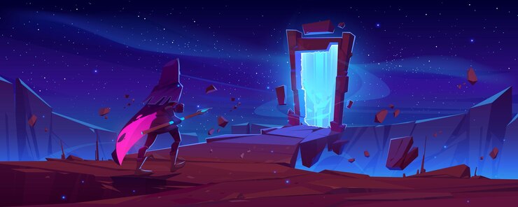 Vetor grátis cavaleiro e portal mágico em moldura de pedra na paisagem montanhosa à noite. ilustração em vetor desenho animado fantasia com homem em trajes medievais com lança e arco antigo com brilho azul místico
