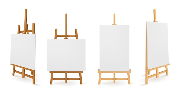 Cavaletes de madeira ou pranchas de pintura em tela branca frontal e lateral.