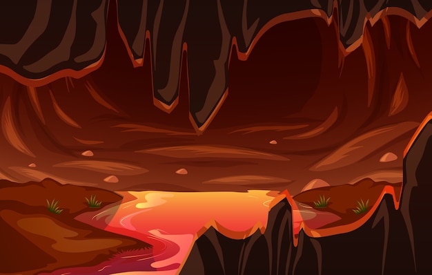 Caverna escura infernal com cena de lava