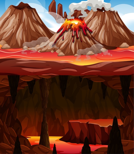 Caverna escura infernal com cena de lava