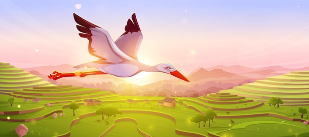 Vetor grátis cegonha branca voando no céu ao pôr do sol ou nascer do sol