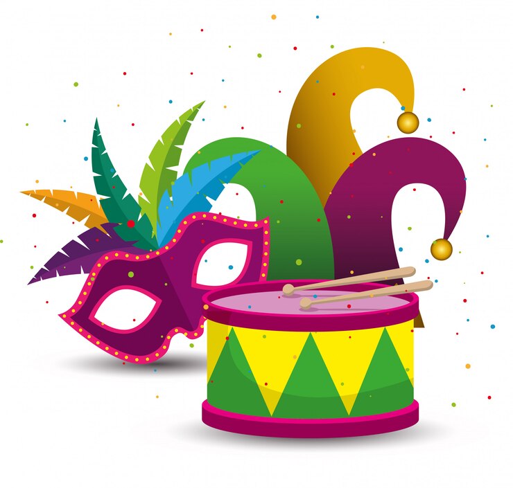 Vetor grátis celebração do carnaval com máscara e chapéu de festa