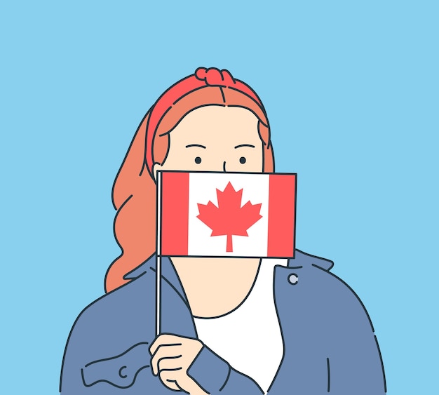 Celebração do dia da independência do canadá jovem mulher feliz e animada segura uma bandeira do canadá para comemorar o dia da independência do canadá.