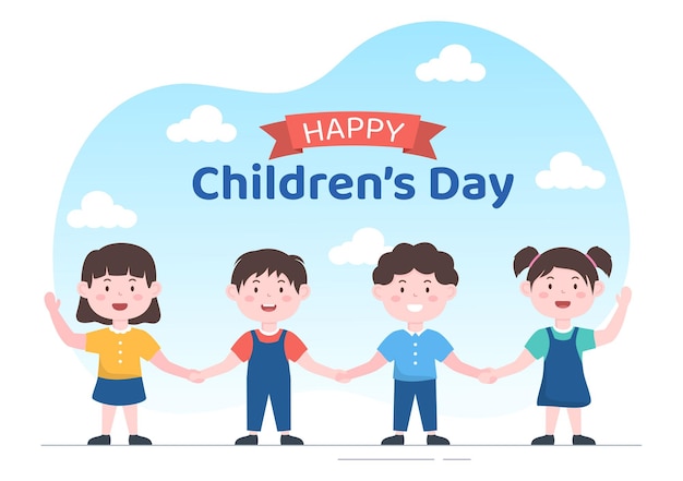 Celebração do dia das crianças feliz com meninos e meninas brincando na ilustração de fundo dos desenhos animados Vetor Premium