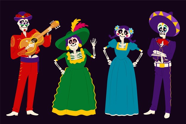 Celebração do dia de muertos da coleção de elementos de caráter plano