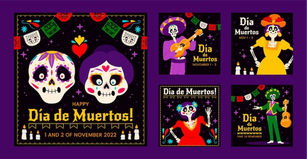 Celebração do dia de muertos da coleção de postagens do instagram plano