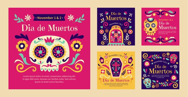 Celebração do dia de muertos da coleção de postagens do instagram plano