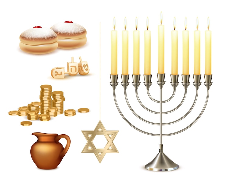 Vetor grátis celebração do festival judaico de hanukkah feliz com luzes de candelabro menora seis pontiagudas símbolos da estrela de david ilustração vetorial