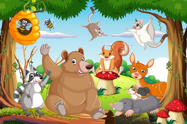 Cena com animais selvagens na floresta