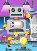Vetor grátis cena com crianças construindo robô juntas