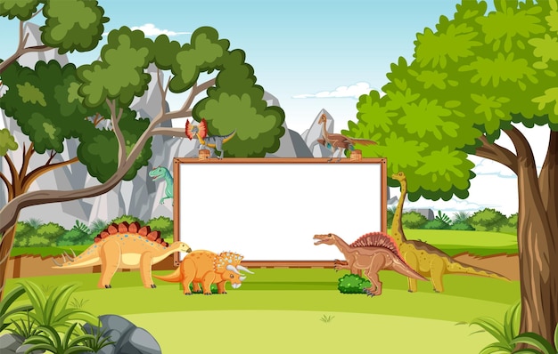 Vetor grátis cena com dinossauros e quadro branco na floresta