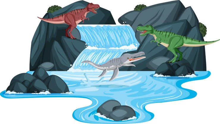 Vetor grátis cena com dinossauros na cachoeira