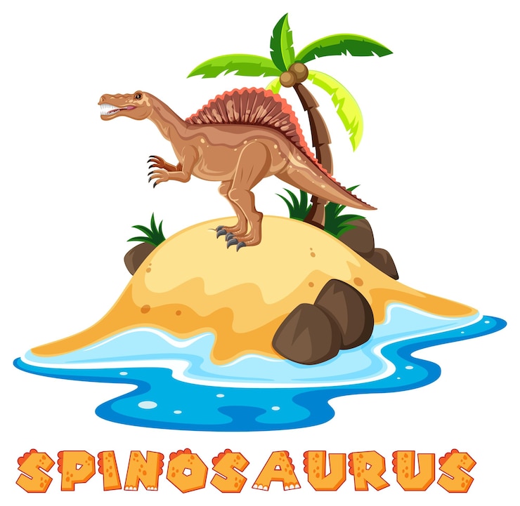 Vetor grátis cena com dinossauros spinosaurus na ilha com design de texto