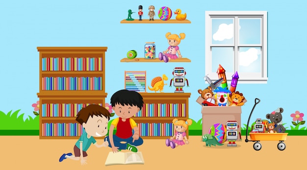 Cena com dois meninos brincando no quarto