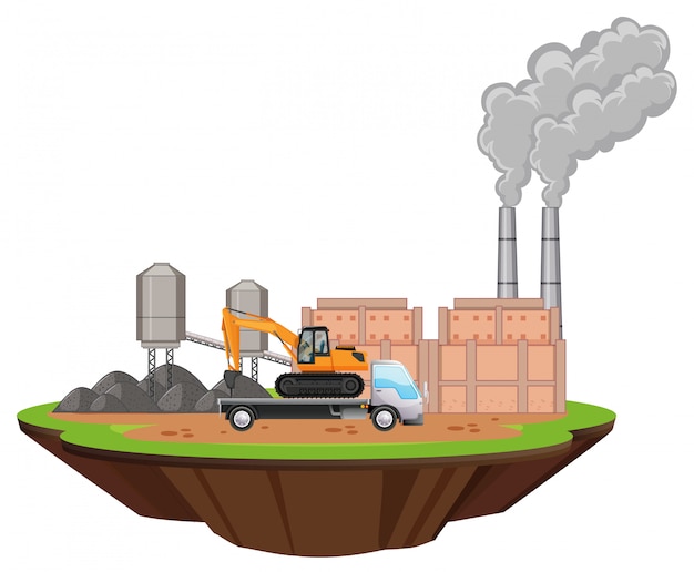 Cena com edifícios da fábrica e broca no local