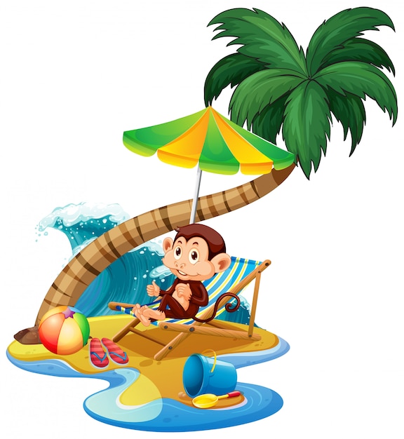 Vetor grátis cena com macaco sentado na praia em fundo branco