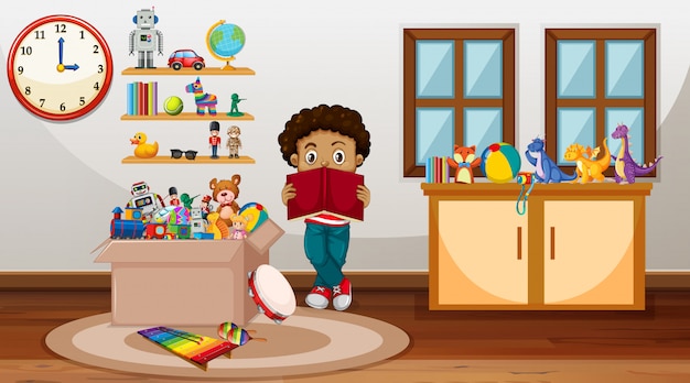 Vetor grátis cena com menino lendo livro no quarto