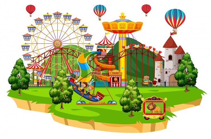 Vetor grátis cena com muitas crianças brincando nos passeios de circo