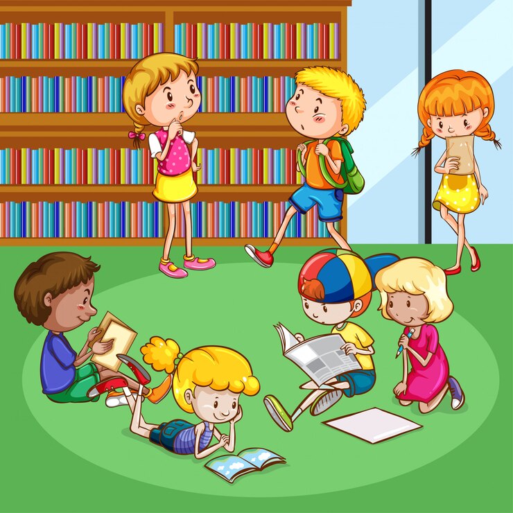Vetor grátis cena com muitas crianças lendo livros no quarto